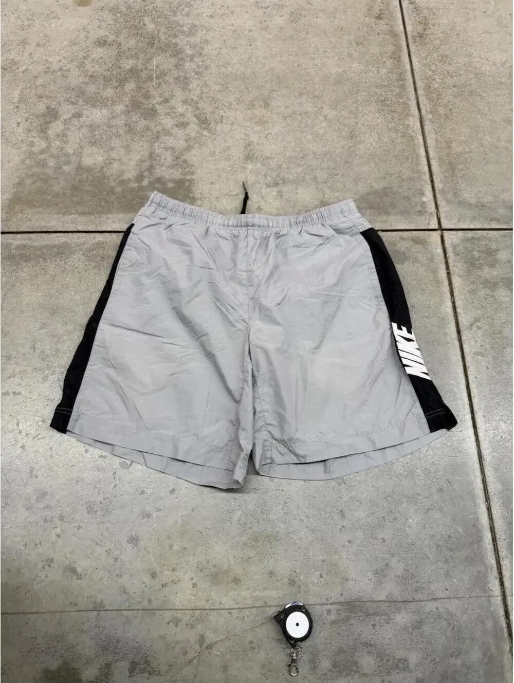 vintage nike grey and black spell out nylon gym shorts size xl
